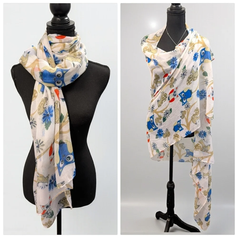 Floral Owl Print Scarf White Blue and Red 69